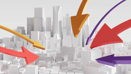 3d illustration of the megapolis with pointer arrows