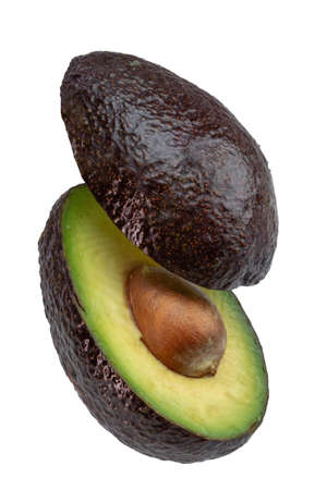 Fresh ripe avocado flying in the air on a white backgroundの写真素材
