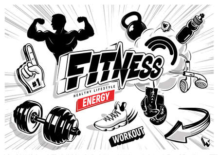 Poster of healthy lifestyle. Icons in pop art style. Vector black and white comic illustration.のイラスト素材