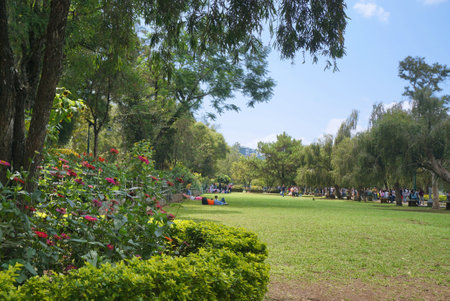 Tourists, grassland, flowers and trees at Burnham Park in Baguio, Philippines, Southeast Asia. Photo taken on April 27, 2014.のeditorial素材