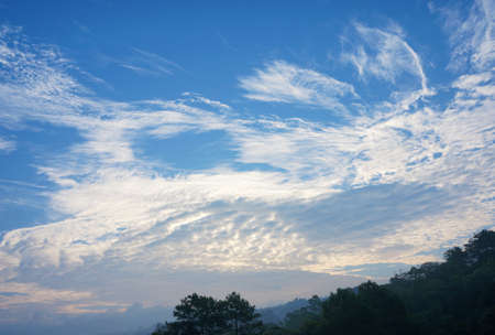 A sample of stratus clouds that can be used as image for weather topic. An image that can also be used for nature theme background with partly blue and cloudy sky as copy space for texts or messages.の写真素材