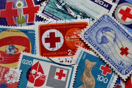 Red cross on stampsの写真素材