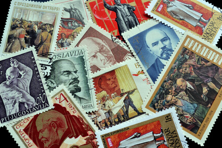 Postage stamps in which Russian communist revolutionary, politician and political theorist Vladimir...