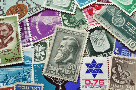 Postage stamps printed by Israel, that show different motives and people from Israel.のeditorial素材