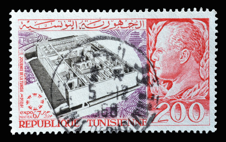 Cancelled postage stamp printed by Tunisia, that shows Montreal International Exhibition: Tunisia's Day, circa 1967.のeditorial素材