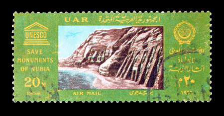 Cancelled postage stamp printed by Egypt, that shows Monuments of Nubia, circa 1966.のeditorial素材