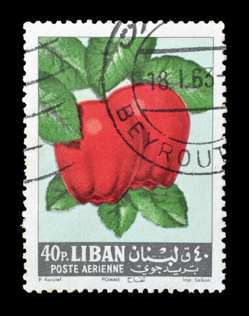 Cancelled postage stamp printed by Lebanon, that shows apples, circa 1962.のeditorial素材