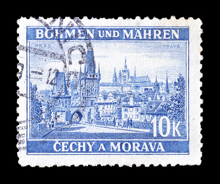 Cancelled postage stamp printed by Germany, that shows Prague, circa 1939.