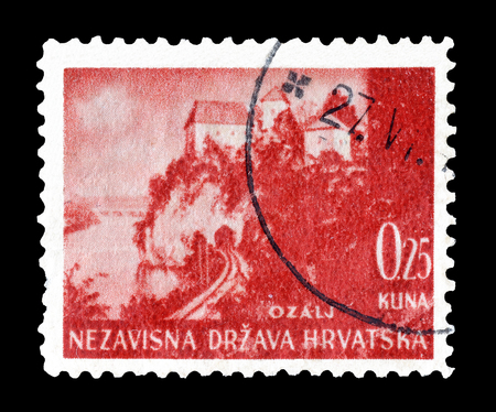 Cancelled postage stamp printed by Croatia, that shows Ozalj castle, circa 1941.のeditorial素材