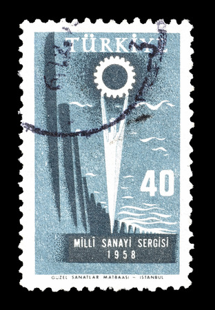 Cancelled postage stamp printed by Turkey, that shows Industrial exposition, circa 1958.のeditorial素材