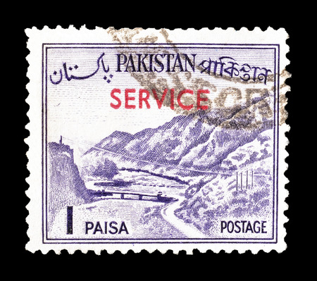 Cancelled postage stamp printed by Pakistan, that shows Khyber pass, circa 1961.のeditorial素材