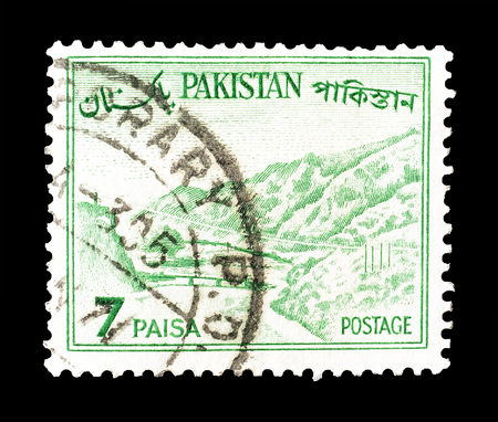 Cancelled postage stamp printed by Pakistan, that shows Khyber pass, circa 1961.のeditorial素材