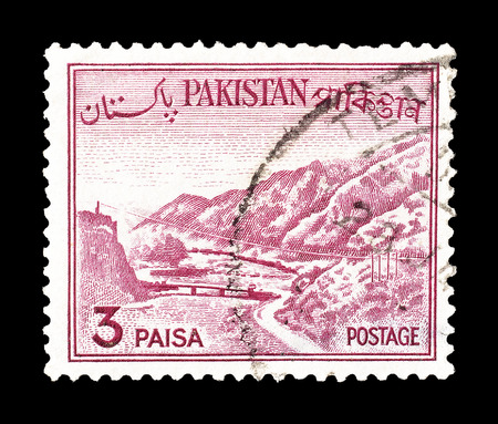 Cancelled postage stamp printed by Pakistan, that shows Khyber pass, circa 1961.のeditorial素材