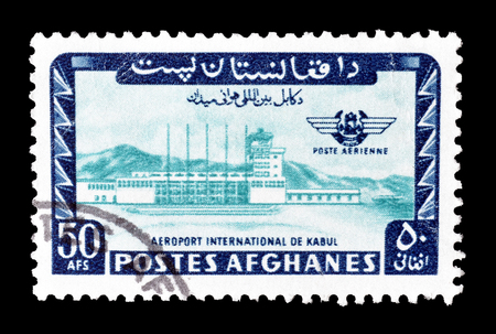 Cancelled postage stamp printed by Afghanistan, that shows Kabul international airport, circa 1964.のeditorial素材