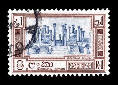 Cancelled postage stamp printed by Ceylon, that shows Vatadage ruins at Madirigiriya, circa 1950.のeditorial素材