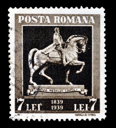 Cancelled postage stamp printed by Romania, that shows Statue of King Carl I on horseback, circa 1939.のeditorial素材
