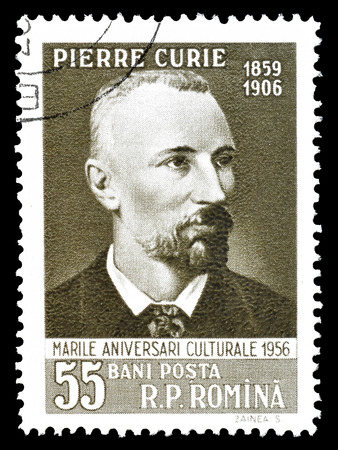 Cancelled postage stamp printed by Romania, that shows portrait of Pierre Curie, circa 1956.のeditorial素材