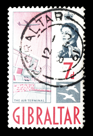 Cancelled postage stamp printed by Gibraltar, that shows Air terminal, circa 1960.のeditorial素材