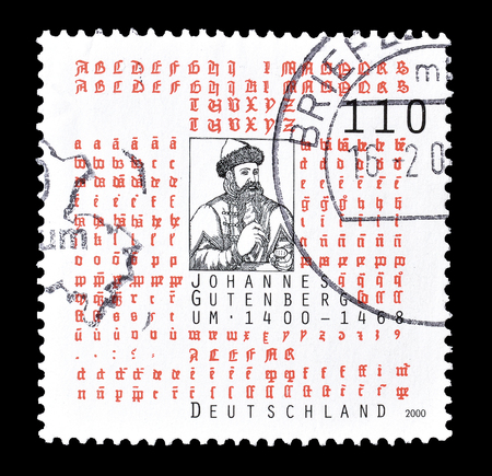 Cancelled postage stamp printed by Germany, that shows Johannes Gutenberg, circa 2000.のeditorial素材