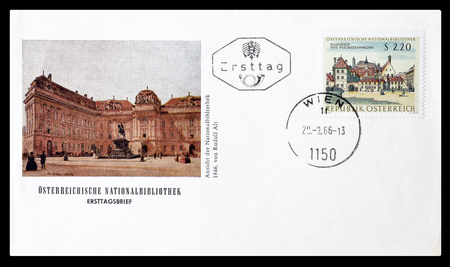 Cancelled First Day Cover letter printed by Austria, that shows National library, circa 1966.のeditorial素材