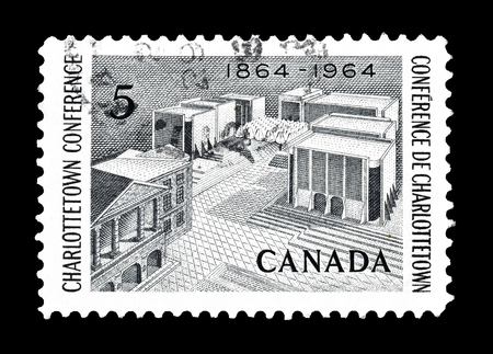 Cancelled postage stamp printed by Canada, that shows Charlottetown, circa 1964.のeditorial素材