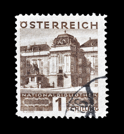 Cancelled postage stamp printed by Austria, that shows National library in Vienna, circa 1930.のeditorial素材