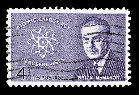 Cancelled postage stamp printed by USA, that shows Brien McMahon, circa 1962.のeditorial素材
