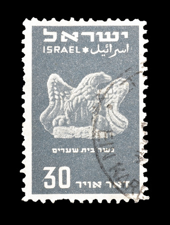 Cancelled postage stamp printed by Israel, that shows Beth Shearim eagle, circa 1950.のeditorial素材