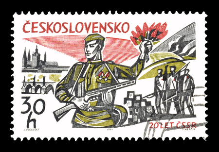 Cancelled postage stamp printed by Czechoslovakia, that shows Soldiers, circa 1965.のeditorial素材