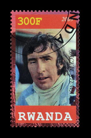 Cancelled postage stamp printed by Rwanda, that shows Jackie Stewart, circa 2009.
