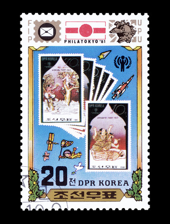 Cancelled postage stamp printed by North Korea, that promotes International Stamp Exhibition in Tokyo, circa 1981.のeditorial素材