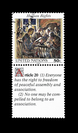 Cancelled postage stamp printed by United Nations, that promotes Human rights, circa 1992.のeditorial素材