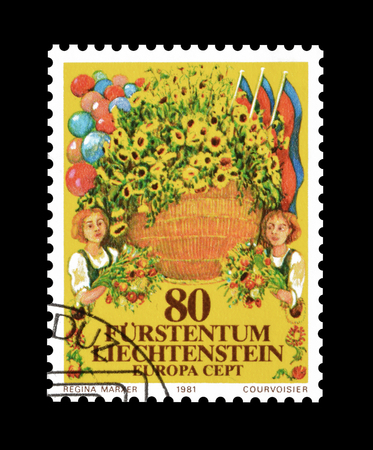 Cancelled postage stamp printed by Liechtenstein, that shows folklore, circa 1981.のeditorial素材