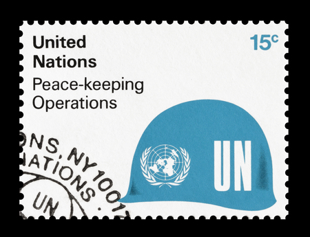 Cancelled postage stamp printed by United Nations, that promotes peace keeping operations, circa...