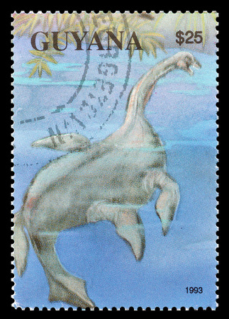 Cancelled postage stamp printed by Guyana, that shows Elasmosaurus, circa 1993.のeditorial素材