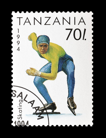 Cancelled postage stamp printed by Tanzania, that shows Skating, circa 1994.のeditorial素材