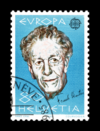 Cancelled postage stamp printed by Switzerland, that shows Frank Martin, circa 1985.のeditorial素材