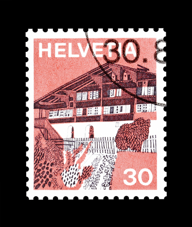 Cancelled postage stamp printed by Switzerland, that shows Erlenbach, circa 1973.のeditorial素材