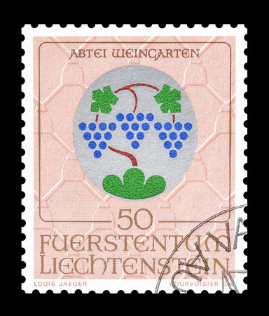 Cancelled postage stamp printed by Liechtenstein, that shows Coat of arms, circa 1971.のeditorial素材