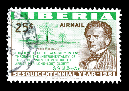 Cancelled postage stamp printed by Liberia, that shows Joseph Roberts and Providence island, circa 1961.のeditorial素材