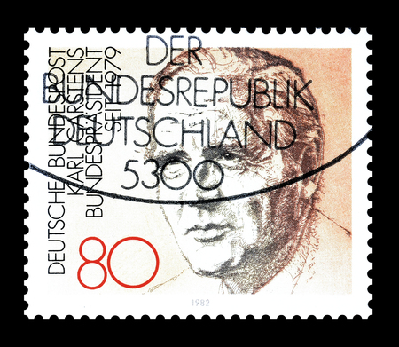 Cancelled postage stamp printed by Germany, that shows Karl Carstens, circa 1982.のeditorial素材