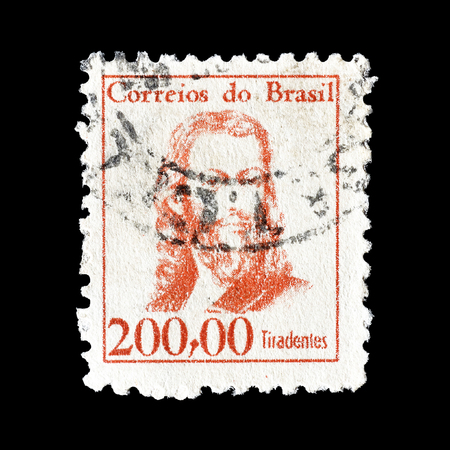 Cancelled postage stamp printed by Brasil, that shows Tiradentes, circa 1965.のeditorial素材
