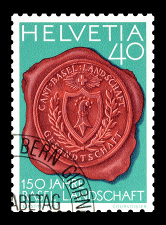 Cancelled postage stamp printed by Switzerland, that shows Seal with Canton Basel coat of arms, circa 1983.のeditorial素材
