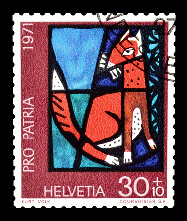 Cancelled postage stamp printed by Switzerland, that shows church window, circa 1971.のeditorial素材
