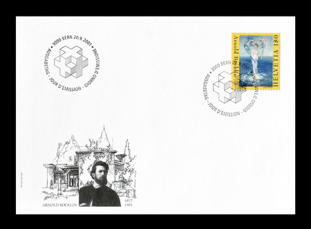 Cancelled First Day Cover letter printed by Switzerland, that shows Birth of Venus by Arnold...
