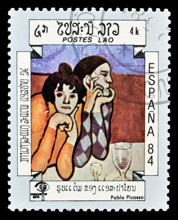 Cancelled postage stamp printed by Laos, that shows painting by Pablo Picasso, circa 1984.のeditorial素材