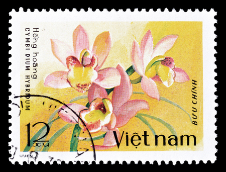 Cancelled postage stamp printed by Vietnam, that shows Orchid, circa 1979.のeditorial素材