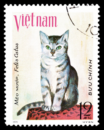 Cancelled postage stamp printed by Vietnam, that shows cat, circa 1978.のeditorial素材