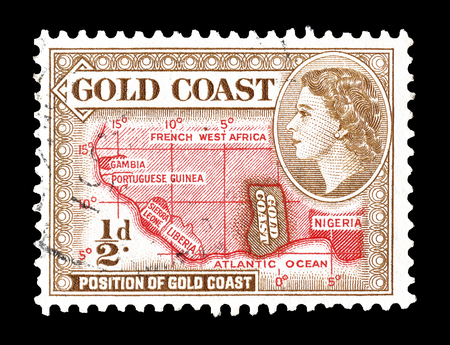 Cancelled postage stamp printed by Gold Coast, that shows Map of west Africa, circa 1952.
