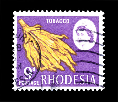 Cancelled postage stamp printed by Rhodesia, that shows Tobacco and queen, circa 1968.のeditorial素材